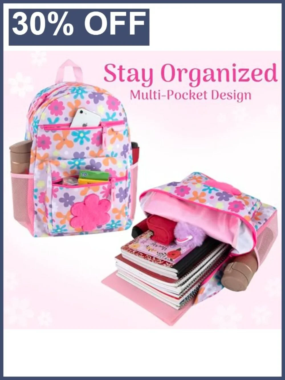 Kids Flower Backpack Plush Girls School Bag with Side Pockets Padded Straps